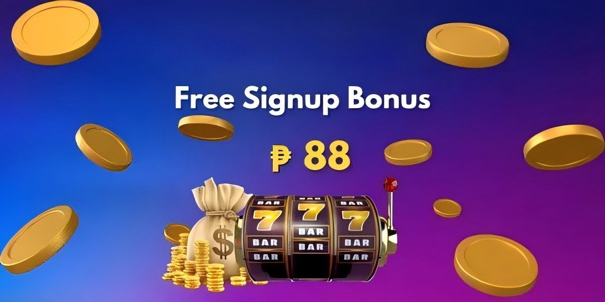Slot machine showing triple sevens beside a money bag and gold coins under a Free Signup Bonus 88 pesos headline